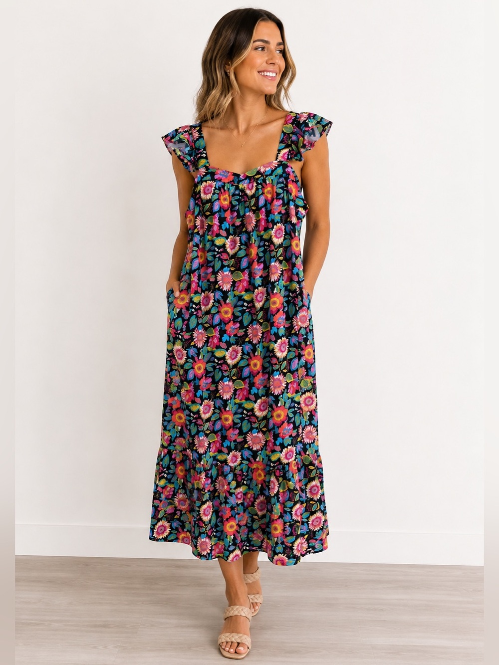 Jodifl Square Neck Floral Maxi Dress Size Medium